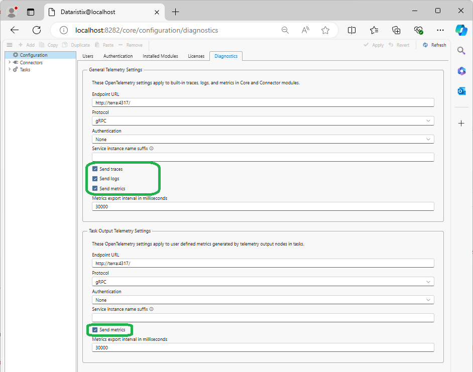 Dataristix telemetry settings